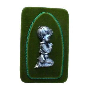 Vintage 1960's Italian Green Velvet Pewter Boy Praying On Knees Bed Side Table